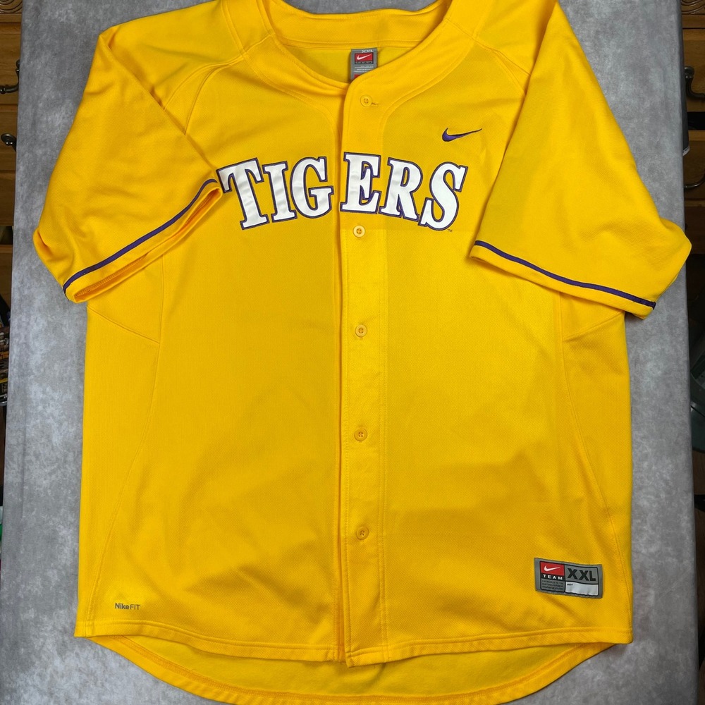 Nike Team LSU Tigers Baseball Jersey Yellow Purple Men XXL Six 09 NikeFIT